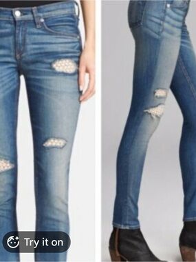 rag & bone Blue Distressed Skinny Jeans with Lace Insets